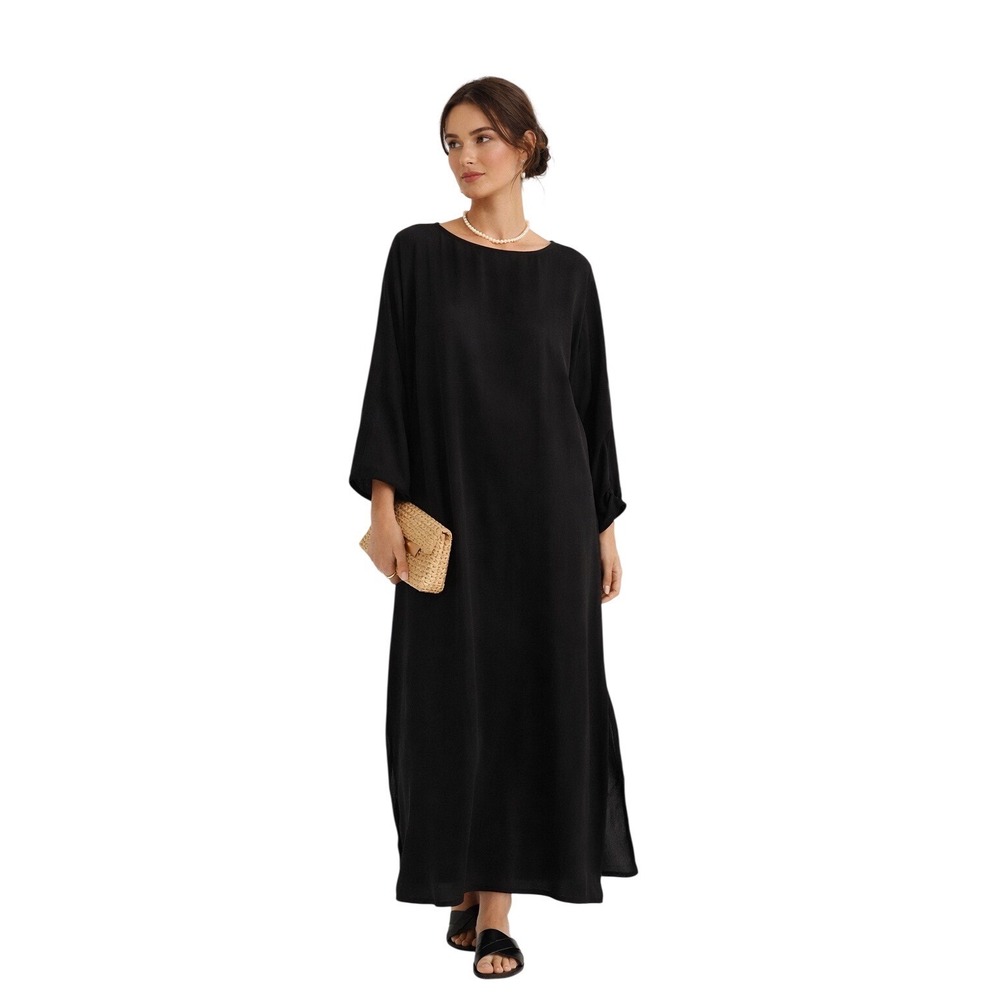 LAUDE the Label Maxi Dress 100% Cupro Silk M L Black Lagenlook Classy Pockets